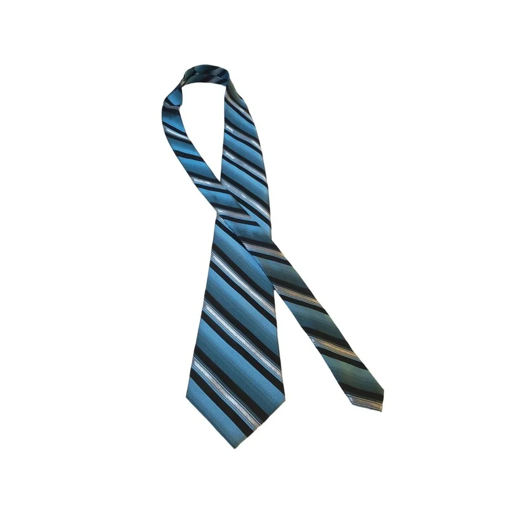 Croft & Barrow Luxury Silk Tie Classic Designer Striped Black Blue‎ Silver